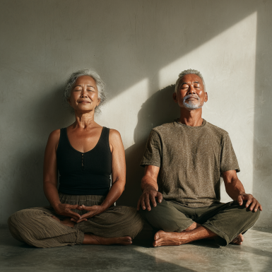 Persona mayor en postura de yoga disfrutando de los beneficios